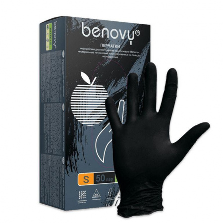Перчатки BENOVY нитриловые текстурир. на пальцах Чёрные S, 3,5 гр. 50 пар уп.
